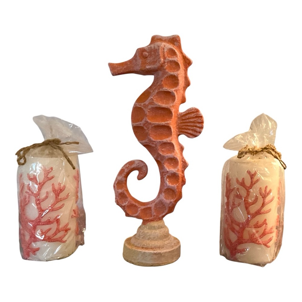 Coral Seahorse Figurine with Matching Candles